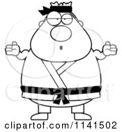 Cartoon Clipart Of A Black And White Careless Shrugging Chubby Black Belt Karate Man Vector Outlined Coloring Page