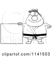 Cartoon Clipart Of A Black And White Chubby Black Belt Karate Man With A Sign Vector Outlined Coloring Page