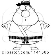 Cartoon Clipart Of A Black And White Surprised Chubby Black Belt Karate Man Vector Outlined Coloring Page