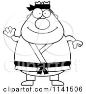Cartoon Clipart Of A Black And White Waving Chubby Black Belt Karate Man Vector Outlined Coloring Page