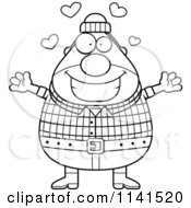 Cartoon Clipart Of A Black And White Happy Chubby Male Lumberjack Wanting A Hug Vector Outlined Coloring Page