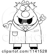 Cartoon Clipart Of A Black And White Happy Chubby Male Scientist With An Idea Vector Outlined Coloring Page
