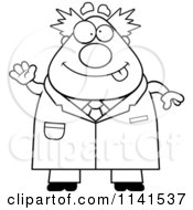 Cartoon Clipart Of A Black And White Waving Chubby Male Scientist Vector Outlined Coloring Page