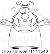 Cartoon Clipart Of A Black And White Chubby Muslim Woman With Open Arms Vector Outlined Coloring Page