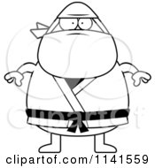 Cartoon Clipart Of A Black And White Chubby Ninja Man Vector Outlined Coloring Page