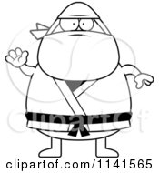 Cartoon Clipart Of A Black And White Waving Chubby Ninja Man Vector Outlined Coloring Page