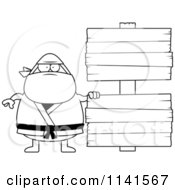 Cartoon Clipart Of A Black And White Chubby Ninja Man With A Sign 3 Vector Outlined Coloring Page by Cory Thoman