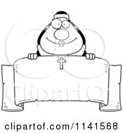 Cartoon Clipart Of A Black And White Happy Nun Over A Banner Vector Outlined Coloring Page by Cory Thoman