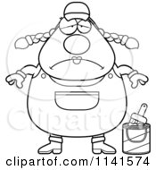 Cartoon Clipart Of A Black And White Depressed Female House Painter Worker Vector Outlined Coloring Page