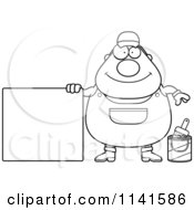 Cartoon Clipart Of A Black And White Male House Painter Worker With A Sign Vector Outlined Coloring Page