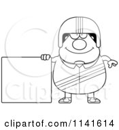 Cartoon Clipart Of A Black And White Happy Race Car Driver With A Sign Vector Outlined Coloring Page by Cory Thoman