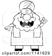 Cartoon Clipart Of A Black And White Chubby Muslim Sikh Man With An Idea Vector Outlined Coloring Page