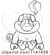 Cartoon Clipart Of A Black And White Baboon Monkey Daydreaming Of Bananas Vector Outlined Coloring Page