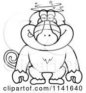 Cartoon Clipart Of A Black And White Dumb Or Drunk Baboon Monkey Vector Outlined Coloring Page