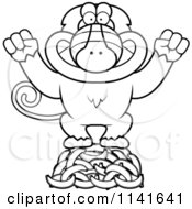 Black And White Baboon Monkey Standing On A Hoard Of Bananas
