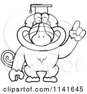 Cartoon Clipart Of A Black And White Baboon Monkey Wearing A Graduation Cap And Holding A Finger Up Vector Outlined Coloring Page by Cory Thoman
