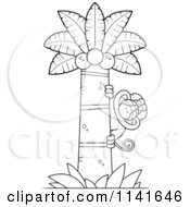 Cartoon Clipart Of A Black And White Baboon Monkey Looking Around A Coconut Palm Tree Vector Outlined Coloring Page