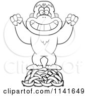 Cartoon Clipart Of A Black And White Bigfoot Sasquatch Hoarding Bananas Vector Outlined Coloring Page