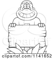 Cartoon Clipart Of A Black And White Bigfoot Sasquatch With A Wooden Sign Vector Outlined Coloring Page