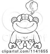 Cartoon Clipart Of A Black And White Chimpanzee Daydreaming Of Bananas Vector Outlined Coloring Page