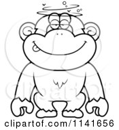 Cartoon Clipart Of A Black And White Dumb Or Drunk Chimpanzee Vector Outlined Coloring Page