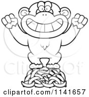 Cartoon Clipart Of A Black And White Chimpanzee Standing On Bananas Vector Outlined Coloring Page