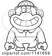 Cartoon Clipart Of A Black And White Chimpanzee Explorer Vector Outlined Coloring Page