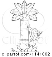 Cartoon Clipart Of A Black And White Clipart Gorilla Behind A Coconut Palm Tree Vector Outlined Coloring Page