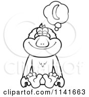 Cartoon Clipart Of A Black And White Macaque Monkey Daydreaming Of Bananas Vector Outlined Coloring Page