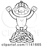 Cartoon Clipart Of A Black And White Macaque Monkey Standing On Bananas Vector Outlined Coloring Page
