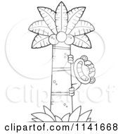 Cartoon Clipart Of A Black And White Chimpanzee Behind A Palm Tree Vector Outlined Coloring Page