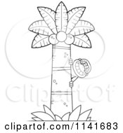 Cartoon Clipart Of A Black And White Gibbon Monkey Behind A Tree Vector Outlined Coloring Page