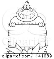 Cartoon Clipart Of A Black And White Gorilla Behind A Wooden Sign Vector Outlined Coloring Page