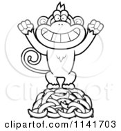 Cartoon Clipart Of A Black And White Monkey Standing On Bananas Vector Outlined Coloring Page