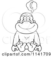 Cartoon Clipart Of A Black And White Orangutan Monkey Daydreaming Of Bananas Vector Outlined Coloring Page