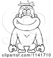 Cartoon Clipart Of A Black And White Drunk Or Dumb Orangutan Monkey Vector Outlined Coloring Page