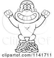 Cartoon Clipart Of A Black And White Orangutan Monkey Standing On Bananas Vector Outlined Coloring Page
