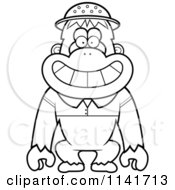 Cartoon Clipart Of A Black And White Orangutan Monkey Explorer Vector Outlined Coloring Page