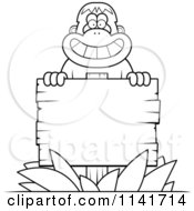 Cartoon Clipart Of A Black And White Orangutan Monkey Behind A Wood Sign Vector Outlined Coloring Page