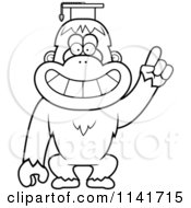 Cartoon Clipart Of A Black And White Orangutan Monkey Professor Wearing A Cap Vector Outlined Coloring Page