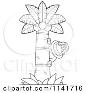 Cartoon Clipart Of A Black And White Orangutan Monkey Behind A Coconut Palm Tree Vector Outlined Coloring Page