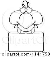 Cartoon Clipart Of A Black And White Cute Rooster Chick Over A Sign Vector Outlined Coloring Page