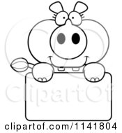 Cartoon Clipart Of A Black And White Rhino Holding A Sign Vector Outlined Coloring Page