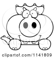 Cartoon Clipart Of A Black And White Baby Triceratops Looking Over A Surface Vector Outlined Coloring Page