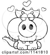 Cartoon Clipart Of A Black And White Baby Triceratops In Love Vector Outlined Coloring Page
