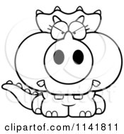 Cartoon Clipart Of A Black And White Mad Baby Triceratops Vector Outlined Coloring Page