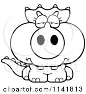 Cartoon Clipart Of A Black And White Depressed Baby Triceratops Vector Outlined Coloring Page