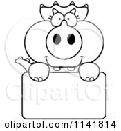 Cartoon Clipart Of A Black And White Baby Triceratops Holding A Blank Sign Vector Outlined Coloring Page