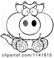 Cartoon Clipart Of A Black And White Baby Triceratops Sitting Vector Outlined Coloring Page