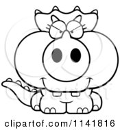 Cartoon Clipart Of A Black And White Sly Baby Triceratops Vector Outlined Coloring Page